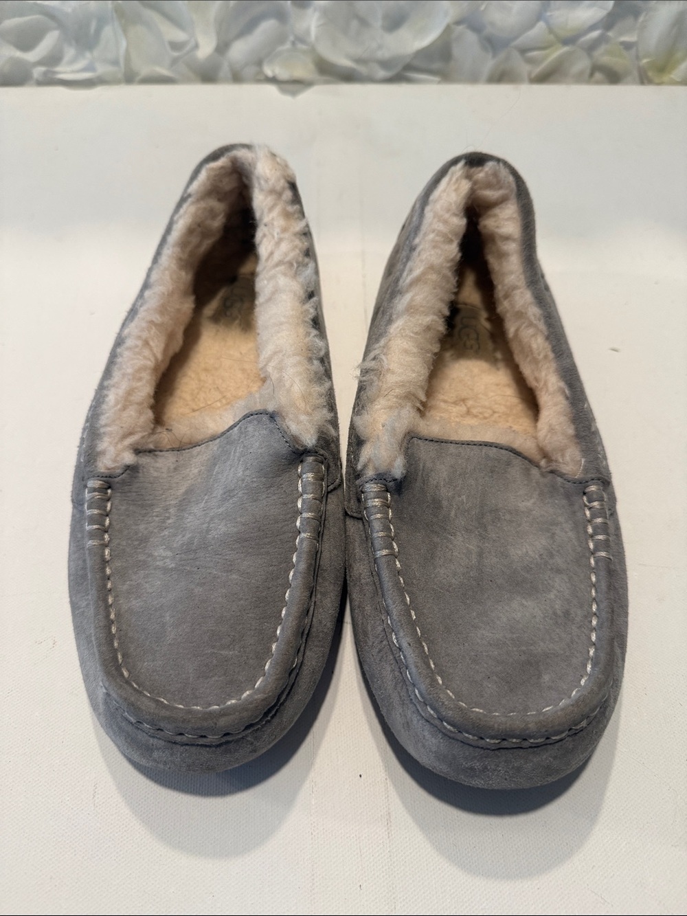 UGG Gray Suede Shearling Lined Moccasin Slippers